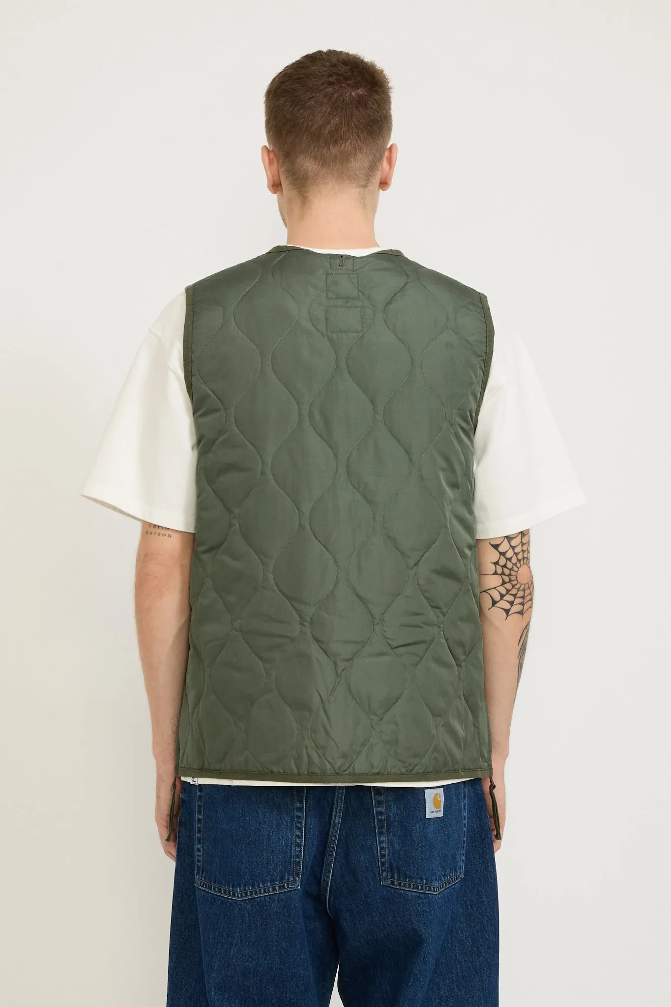 Military Zip V Neck Down Vest Olive