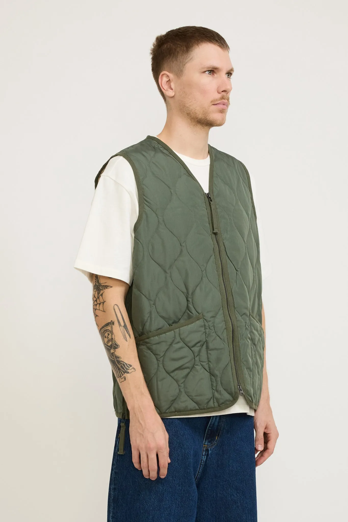 Military Zip V Neck Down Vest Olive