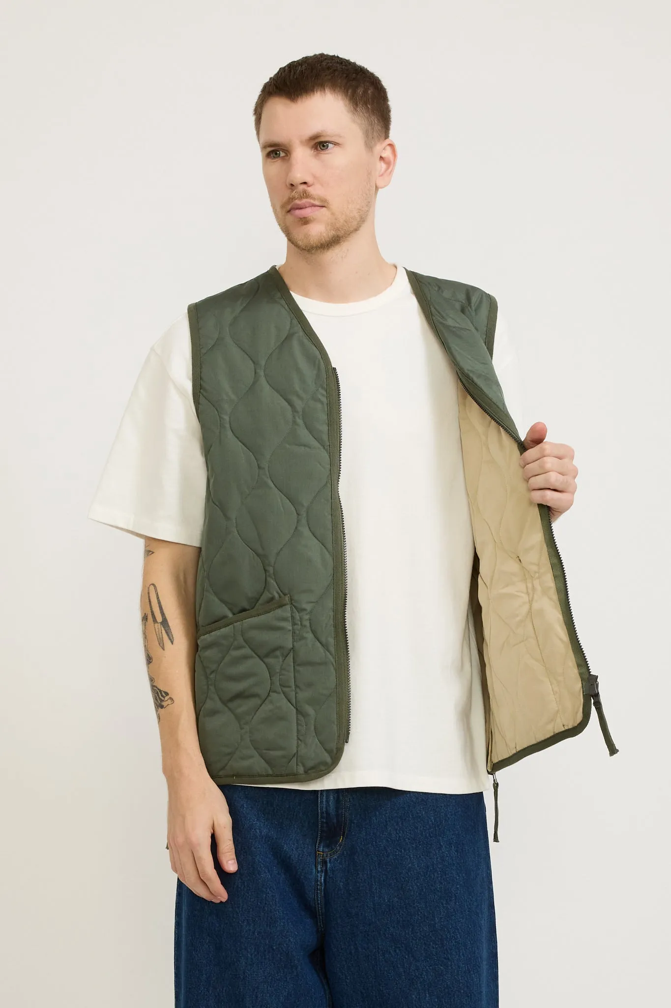 Military Zip V Neck Down Vest Olive