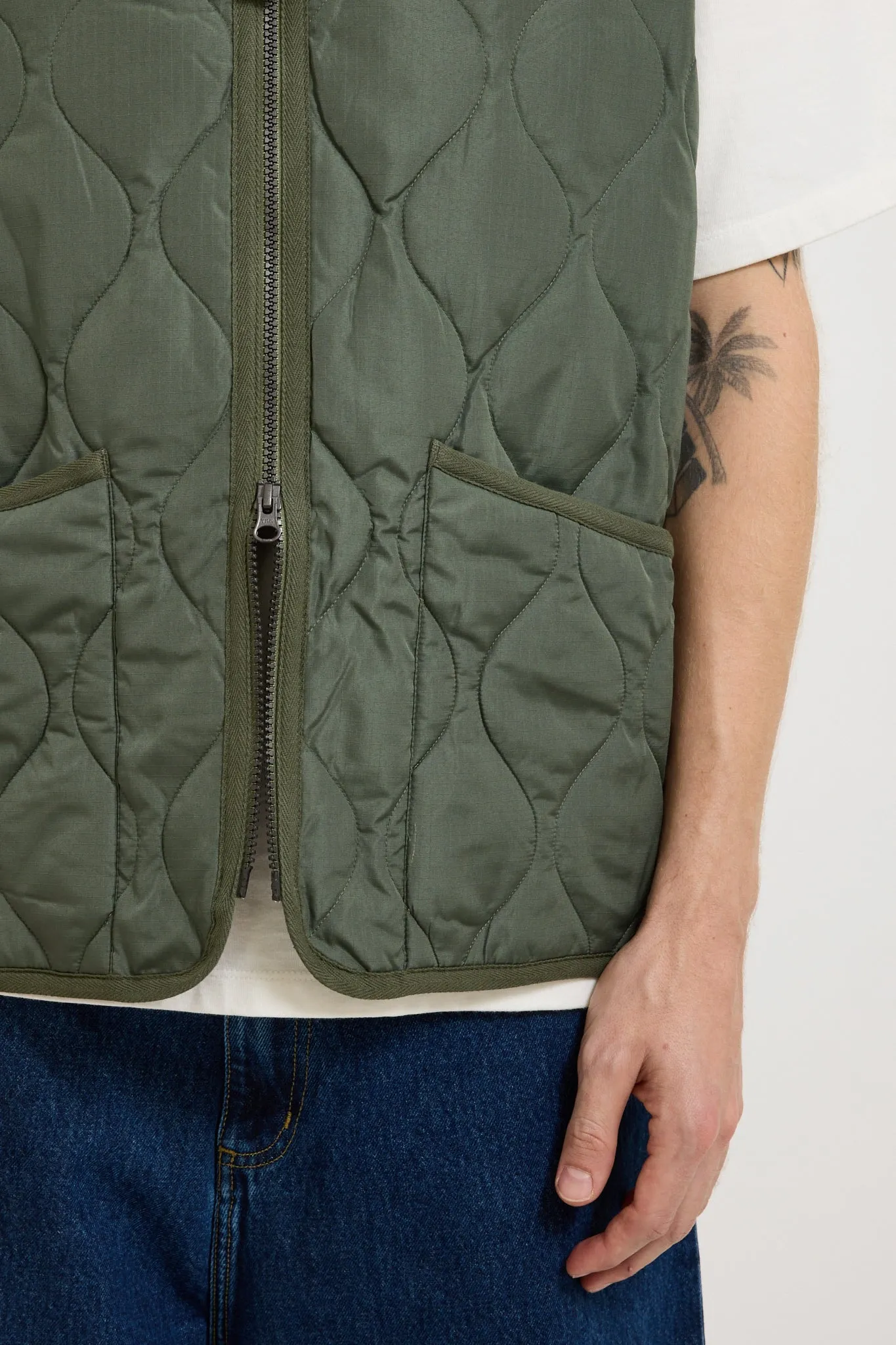 Military Zip V Neck Down Vest Olive