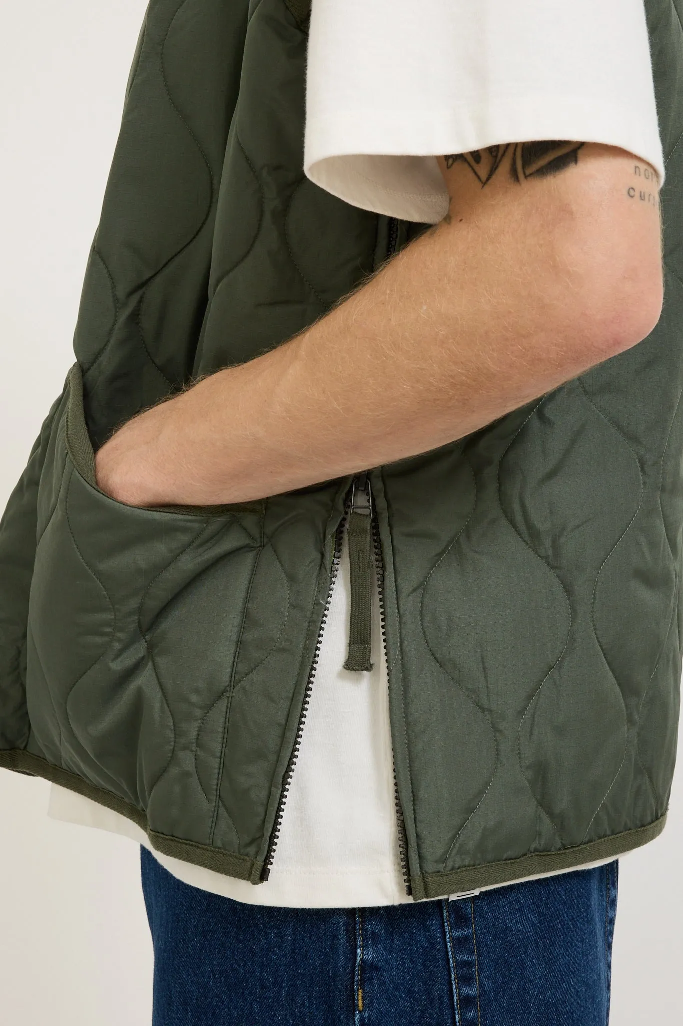 Military Zip V Neck Down Vest Olive