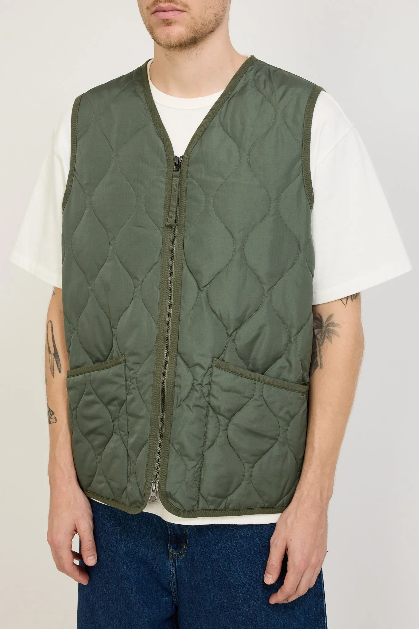 Military Zip V Neck Down Vest Olive