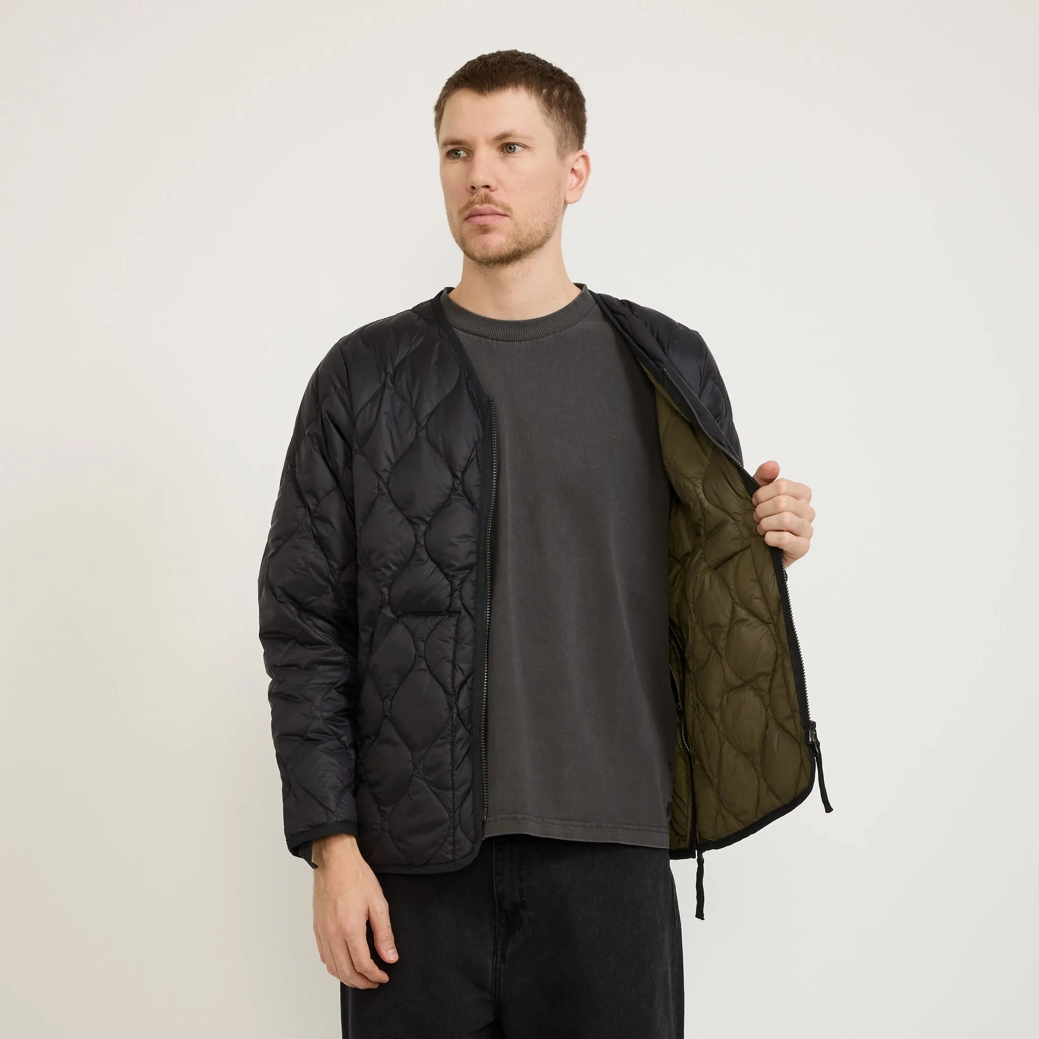 Military Zip V Neck Soft Shell Down Jacket Black