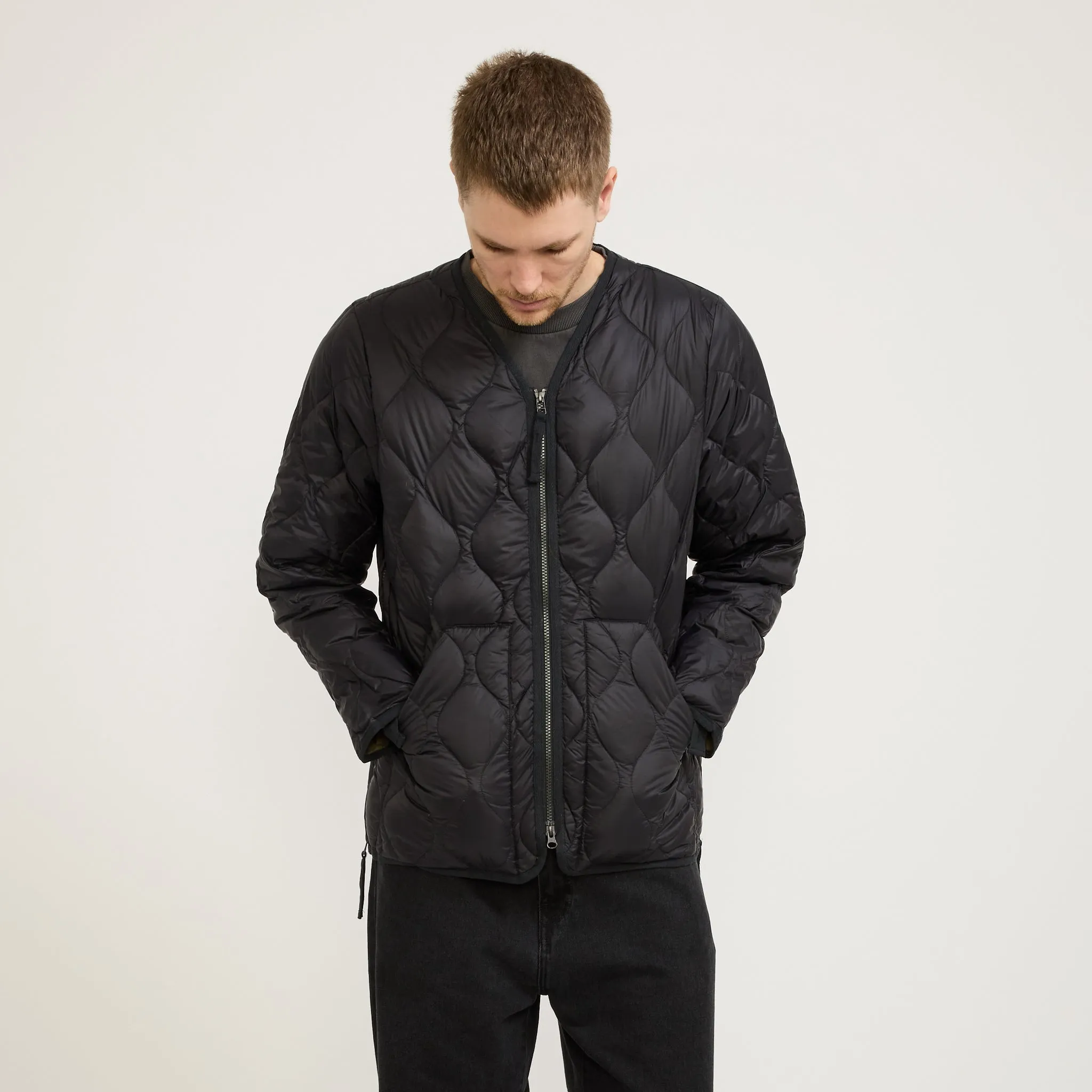 Military Zip V Neck Soft Shell Down Jacket Black