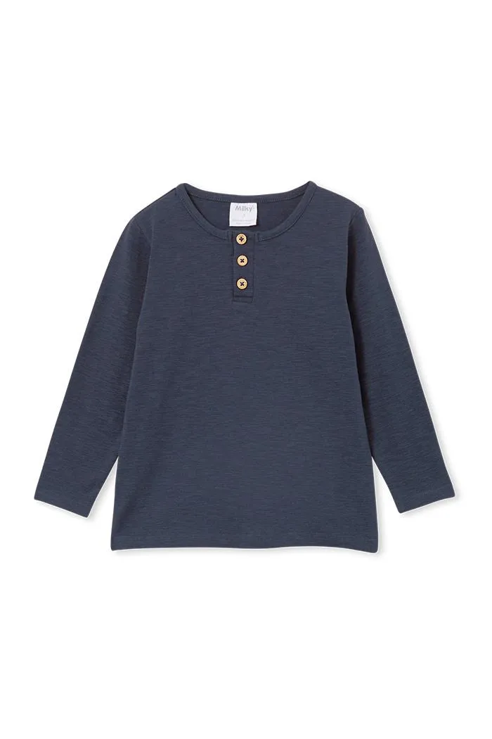 Milky | Oil Blue Henley Long Sleeve Tee | Size 8-12