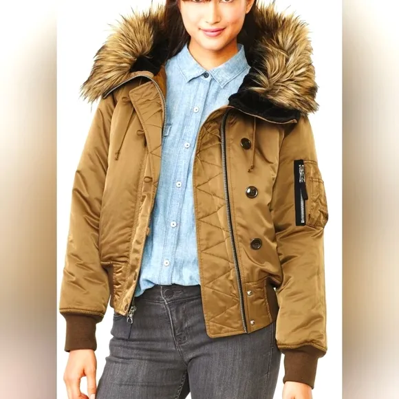NWT GAP Bomber Flight Jacket Faux Fur Nylon Womens Size XL Brown