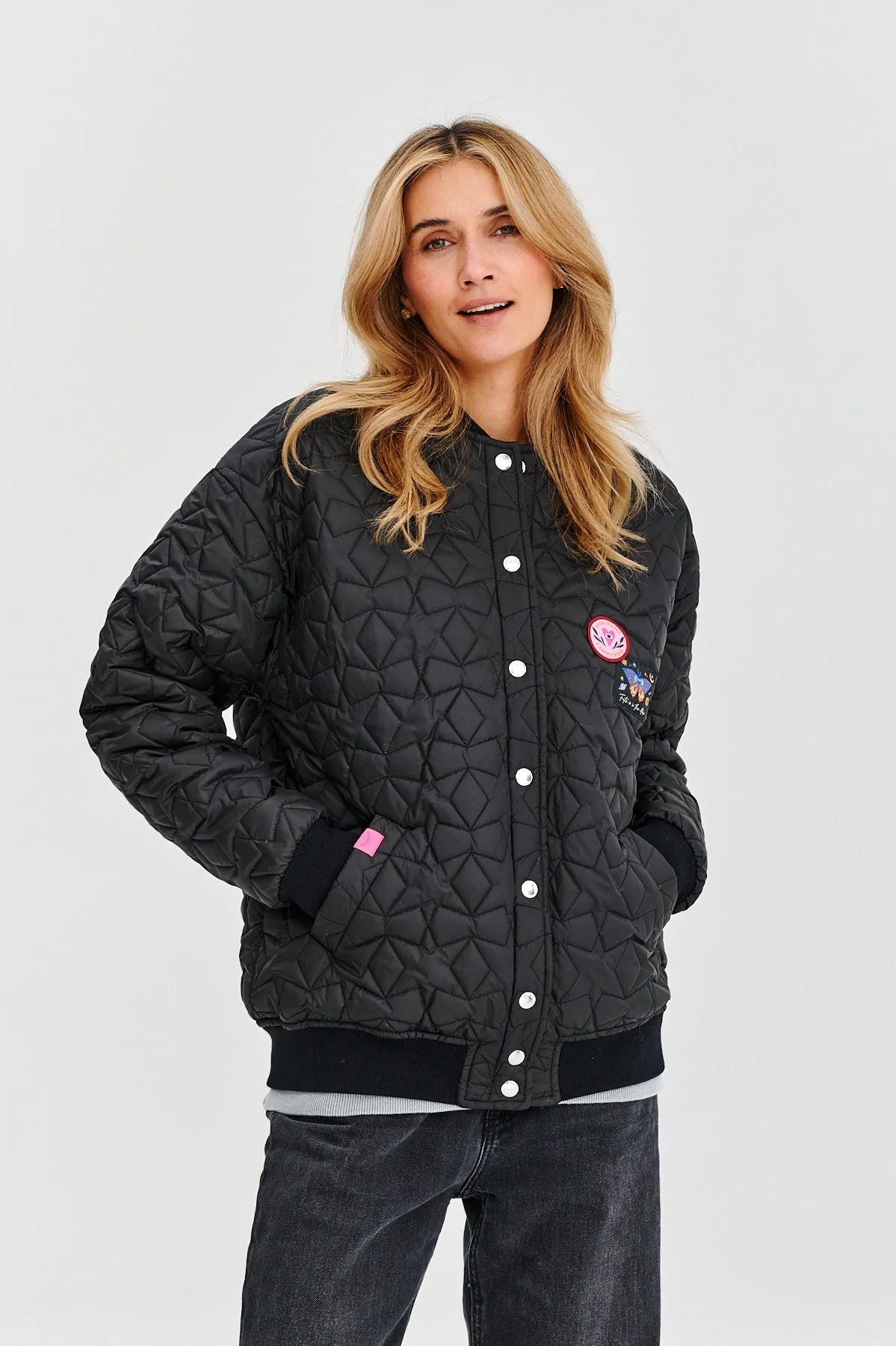 Own the Universe quilted bomber