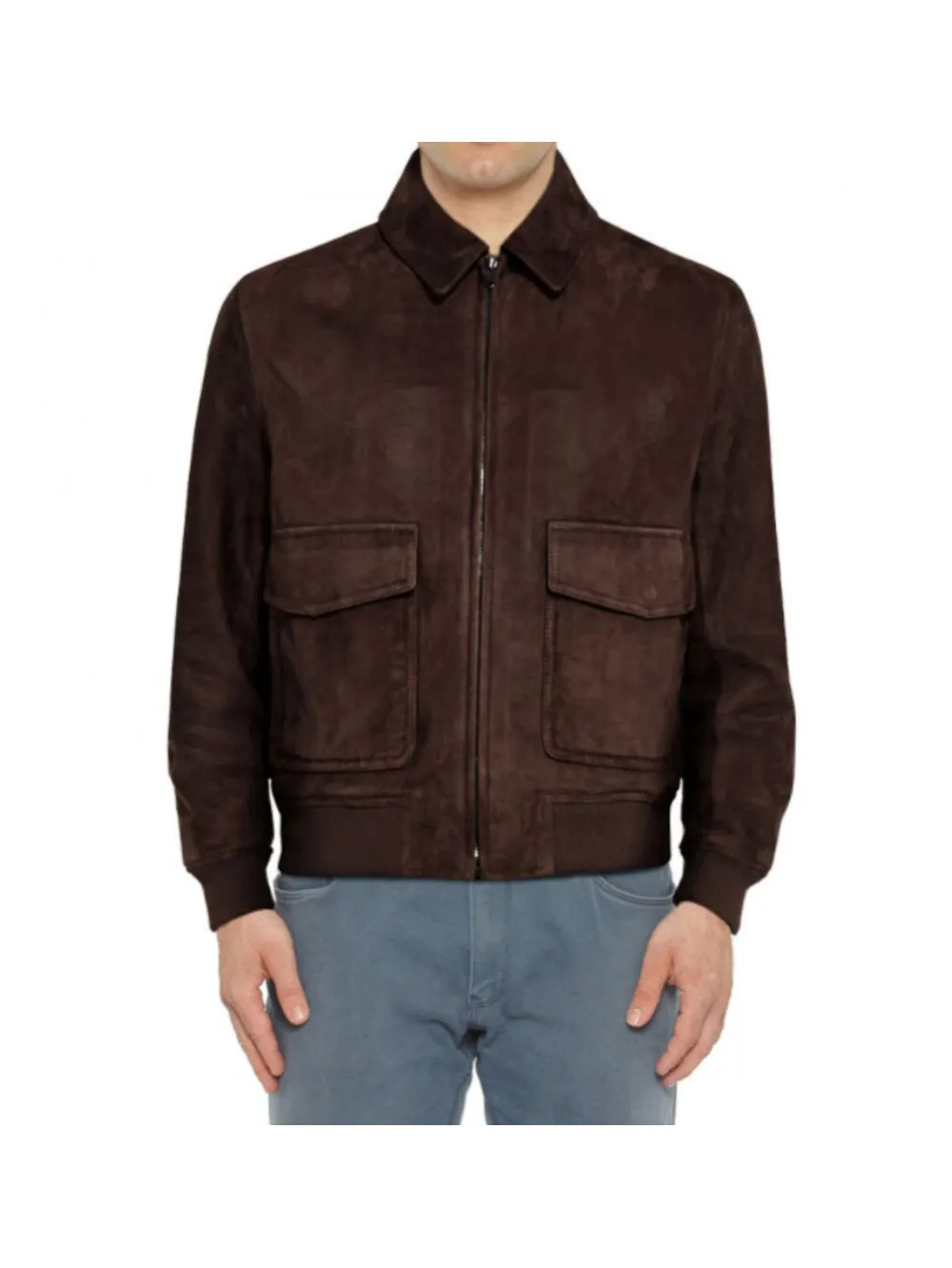 Patch Pocket Suede Brown Leather Bomber for Men