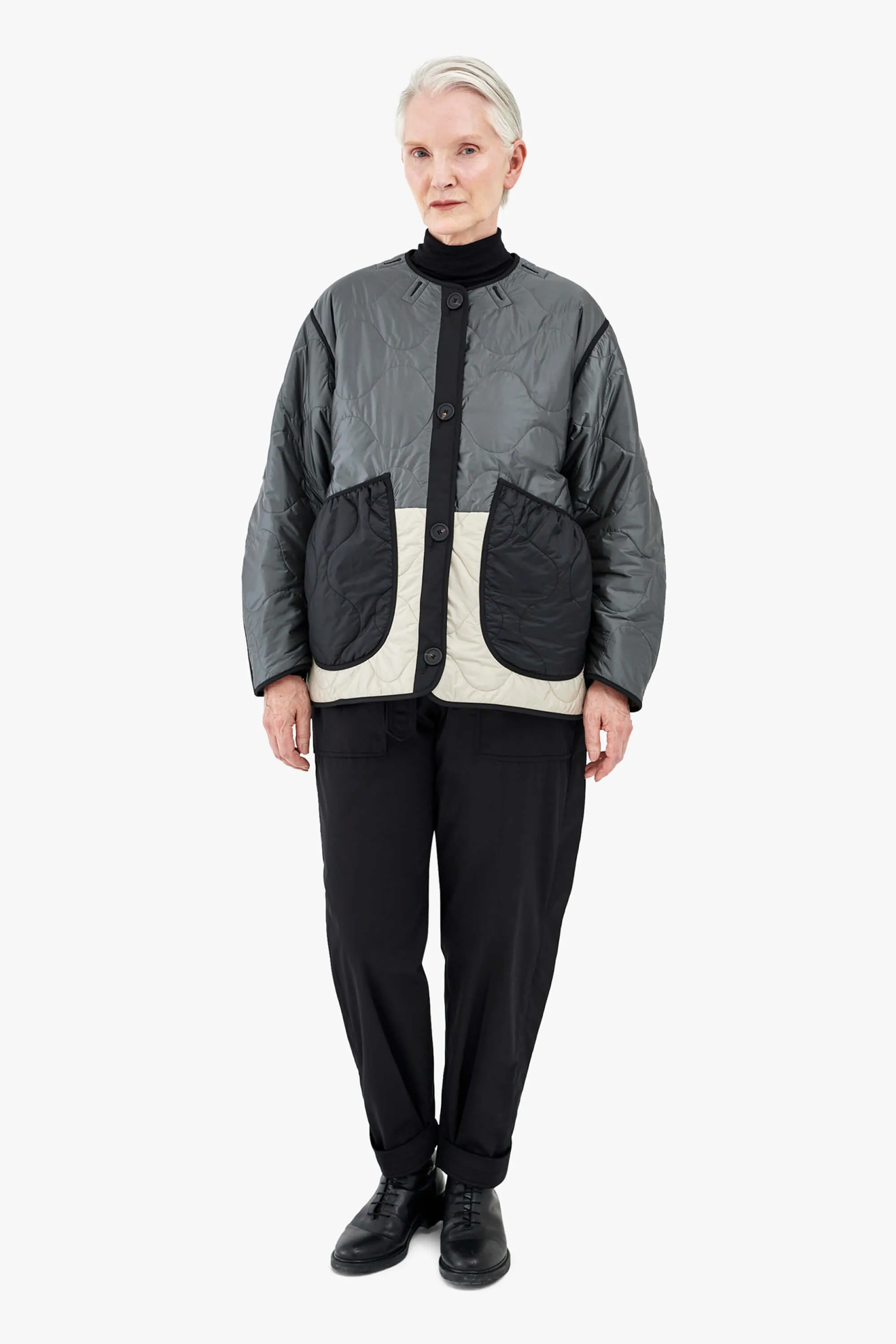 Patchwork Quilt Jacket - Anthracite & Mineral Green / Dark Olive