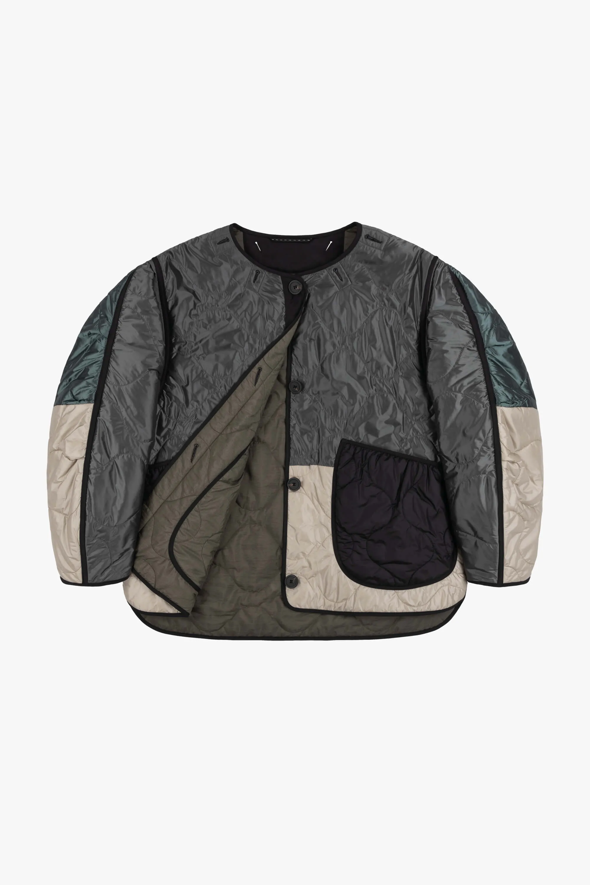 Patchwork Quilt Jacket - Anthracite & Mineral Green / Dark Olive
