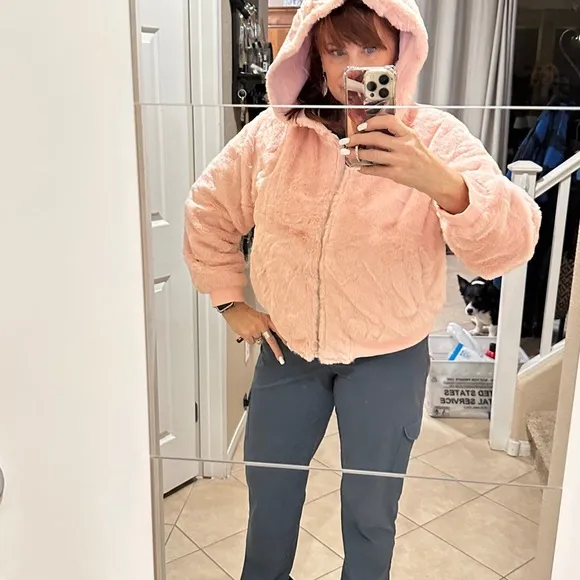 Pink NEW Faux Fur Reversible Hooded Bomber Jacket - Large Coat NWT