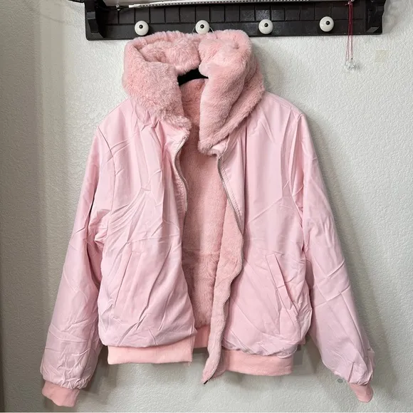 Pink NEW Faux Fur Reversible Hooded Bomber Jacket - Large Coat NWT