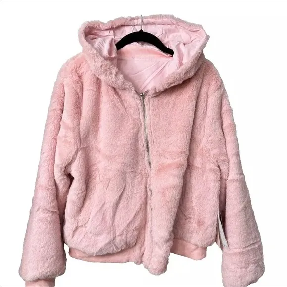 Pink NEW Faux Fur Reversible Hooded Bomber Jacket - Large Coat NWT