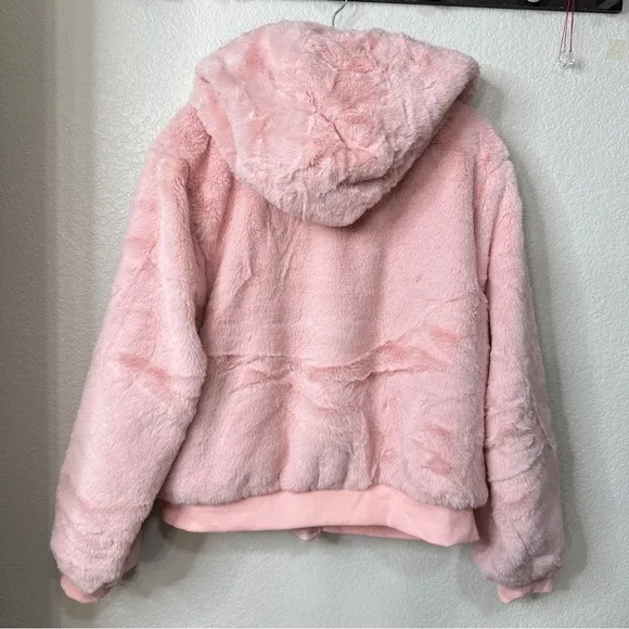 Pink NEW Faux Fur Reversible Hooded Bomber Jacket - Large Coat NWT