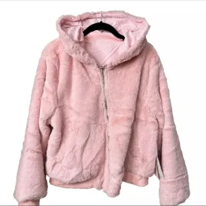 Pink NEW Faux Fur Reversible Hooded Bomber Jacket - Large Coat NWT