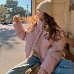Pink Stand Collar Loose Down Jacket