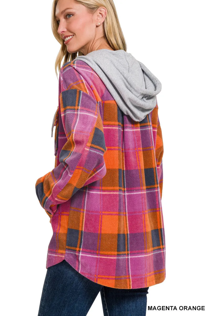 Plaid drawstring hooded fleece shacket By Zenana