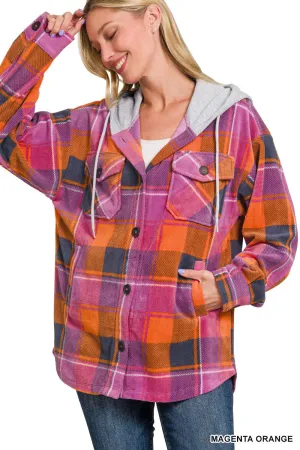 Plaid drawstring hooded fleece shacket By Zenana