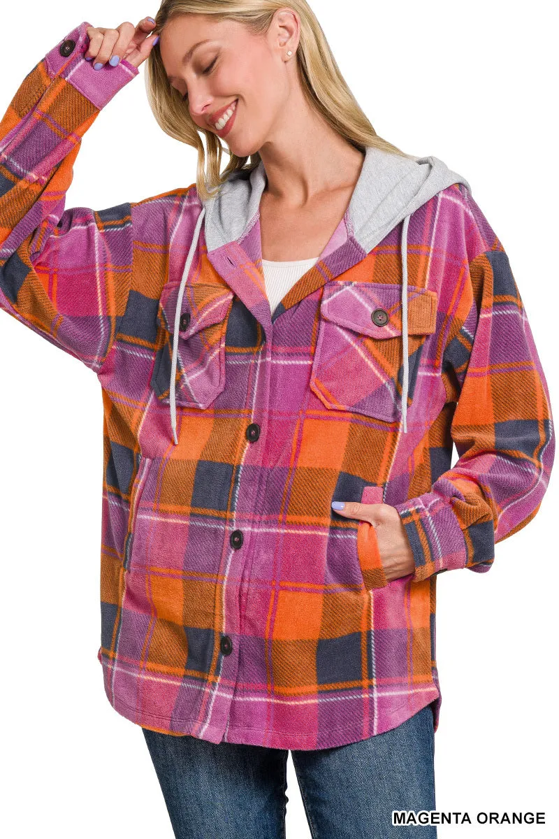 Plaid drawstring hooded fleece shacket By Zenana