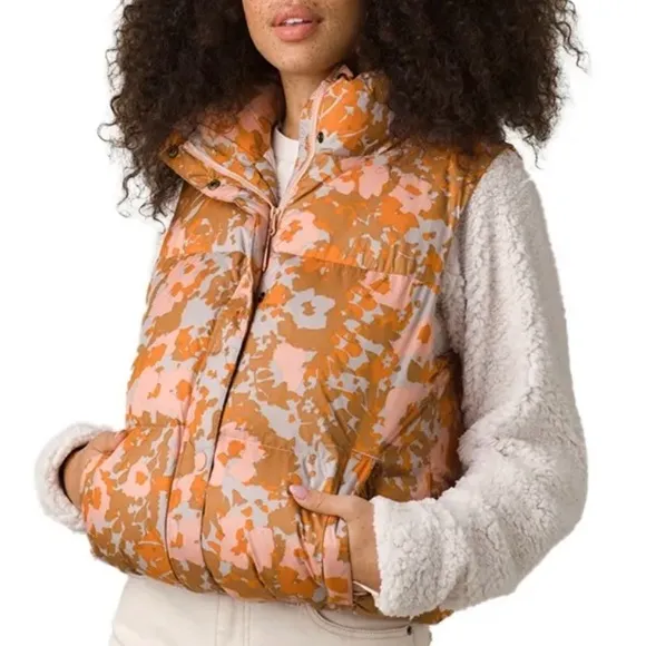 PrAna Hellebore Lightweight Insulated Puffer Vest Size Large Floral Orange