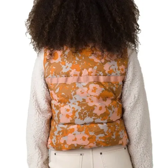 PrAna Hellebore Lightweight Insulated Puffer Vest Size Large Floral Orange
