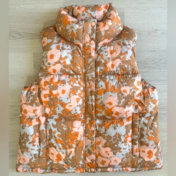 PrAna Hellebore Lightweight Insulated Puffer Vest Size Large Floral Orange