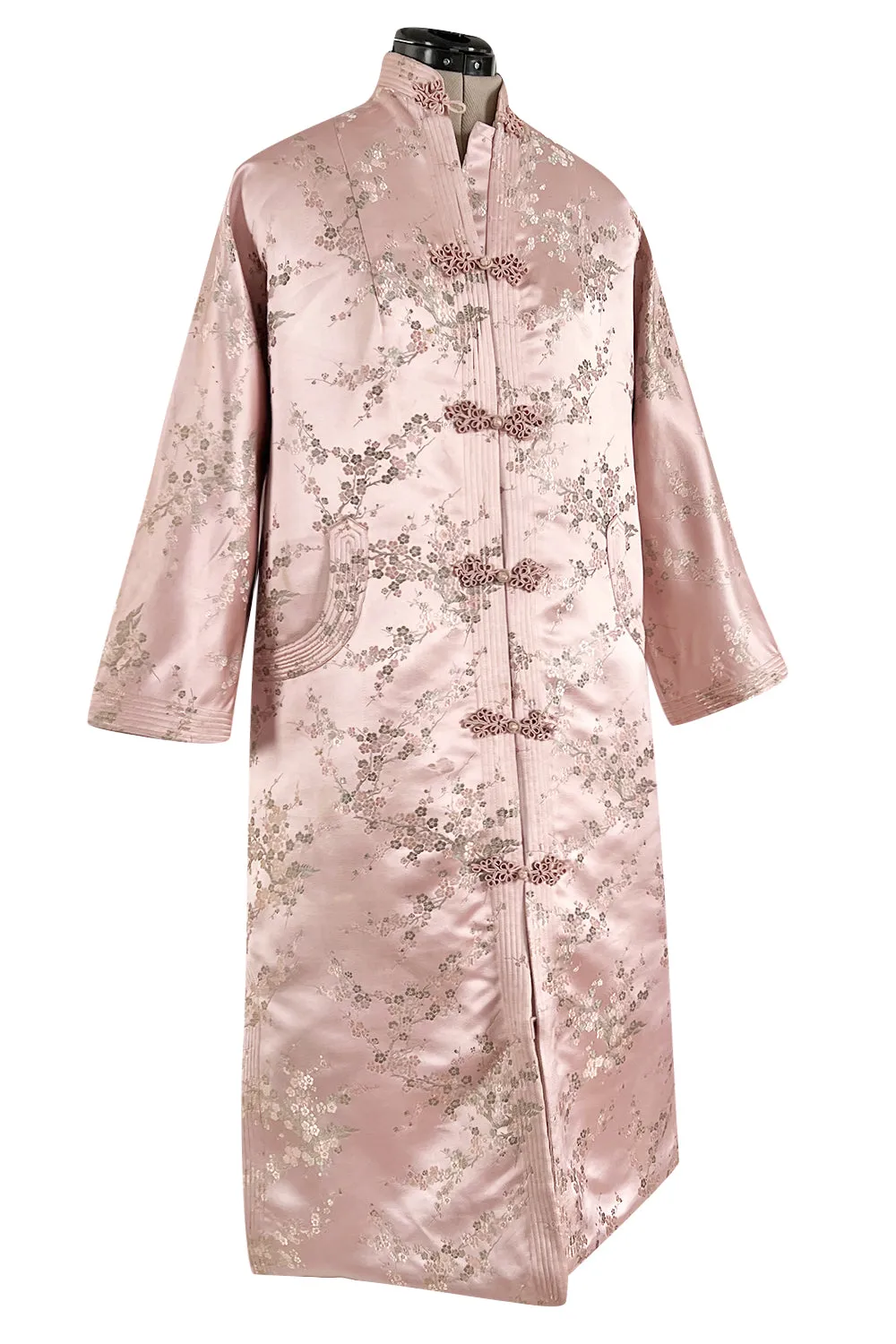 Prettiest 1960s Pink Silk Embroidered Asian Evening Coat w Top Stitched Cuffs & Collar