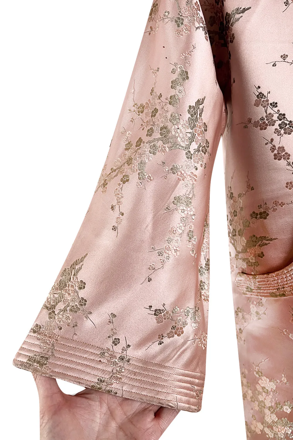 Prettiest 1960s Pink Silk Embroidered Asian Evening Coat w Top Stitched Cuffs & Collar
