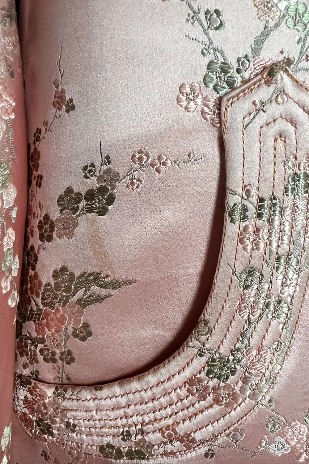 Prettiest 1960s Pink Silk Embroidered Asian Evening Coat w Top Stitched Cuffs & Collar
