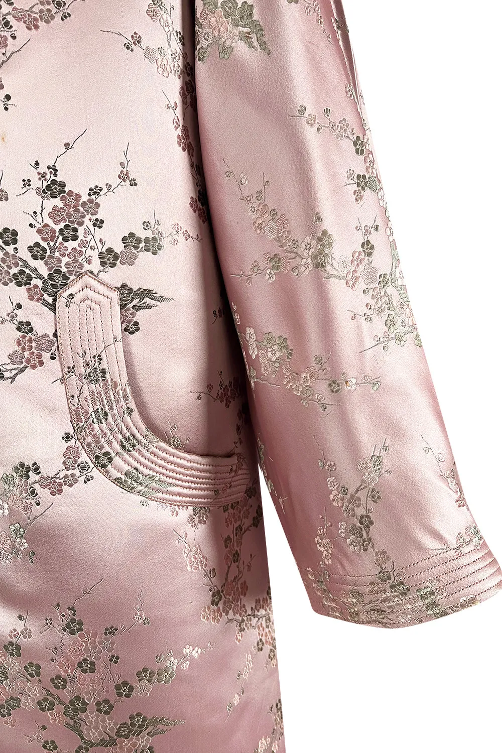 Prettiest 1960s Pink Silk Embroidered Asian Evening Coat w Top Stitched Cuffs & Collar