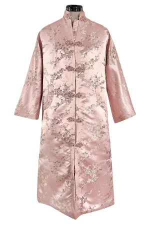 Prettiest 1960s Pink Silk Embroidered Asian Evening Coat w Top Stitched Cuffs & Collar