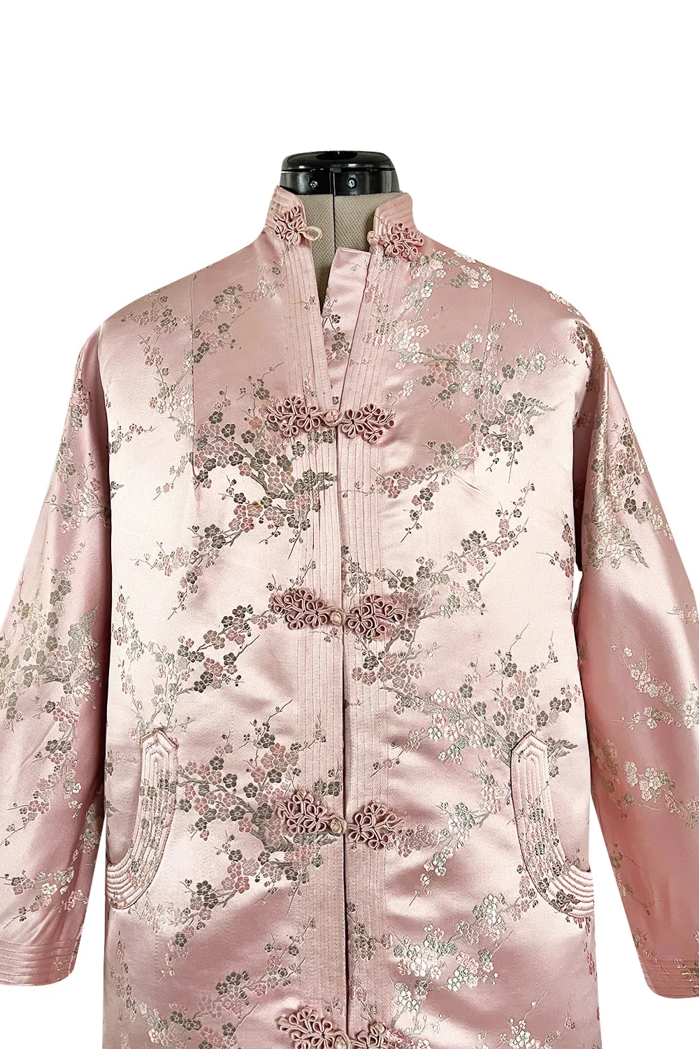 Prettiest 1960s Pink Silk Embroidered Asian Evening Coat w Top Stitched Cuffs & Collar