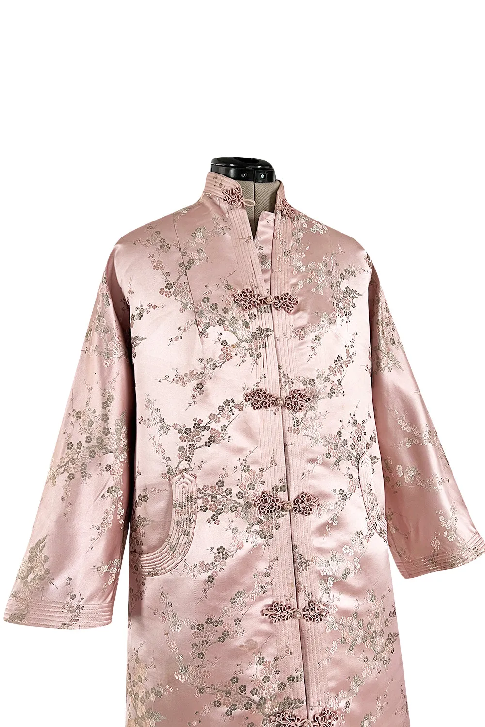 Prettiest 1960s Pink Silk Embroidered Asian Evening Coat w Top Stitched Cuffs & Collar