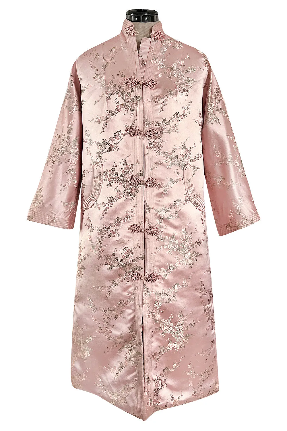Prettiest 1960s Pink Silk Embroidered Asian Evening Coat w Top Stitched Cuffs & Collar