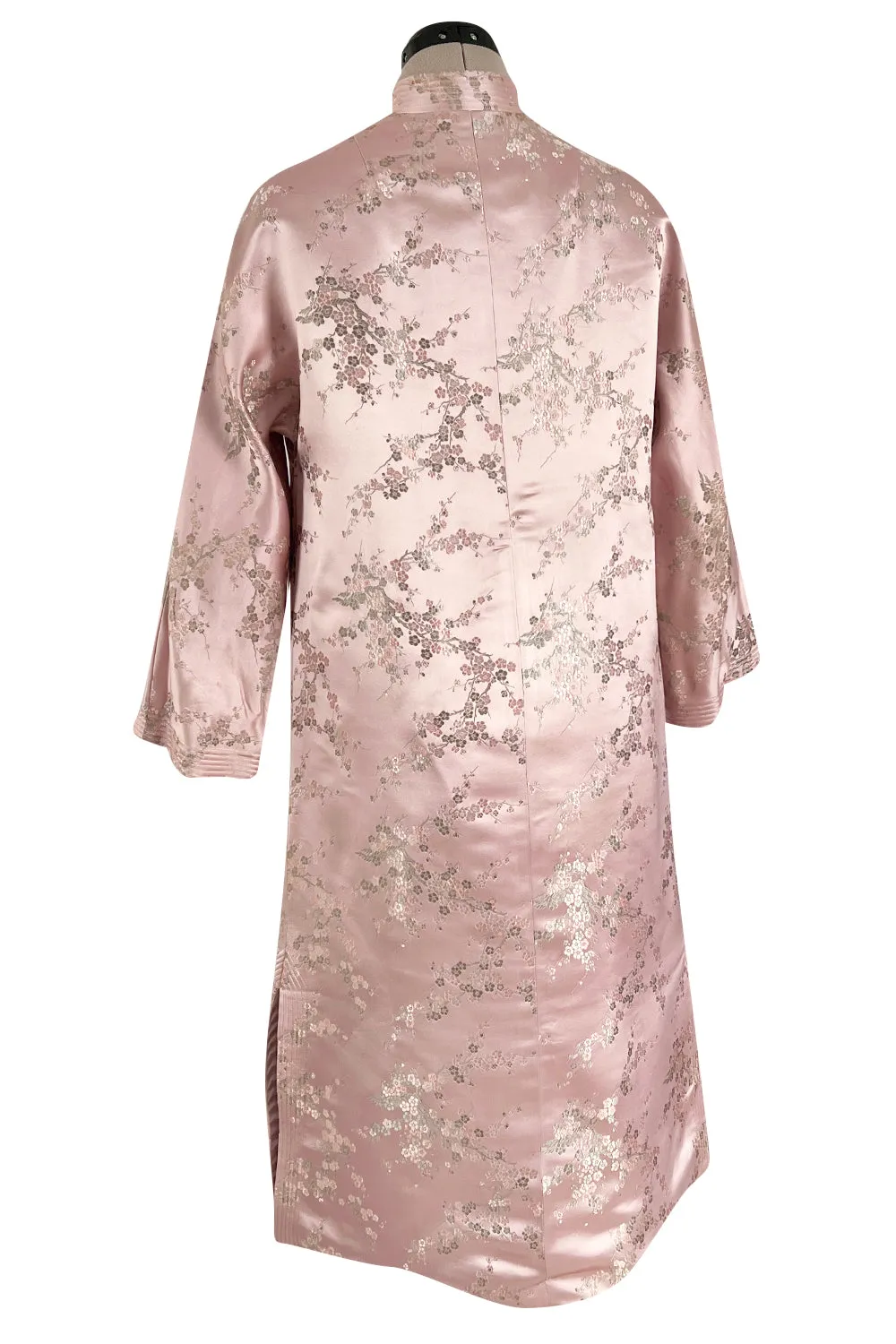 Prettiest 1960s Pink Silk Embroidered Asian Evening Coat w Top Stitched Cuffs & Collar