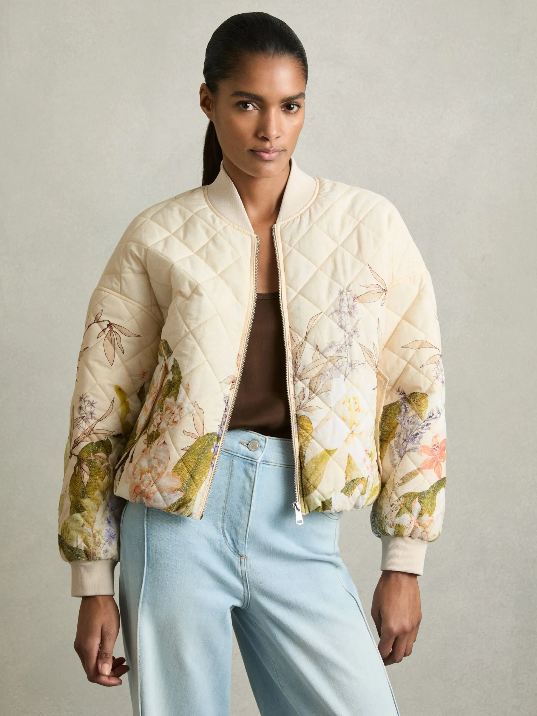 Quilted Printed Bomber Jacket in Pink Print