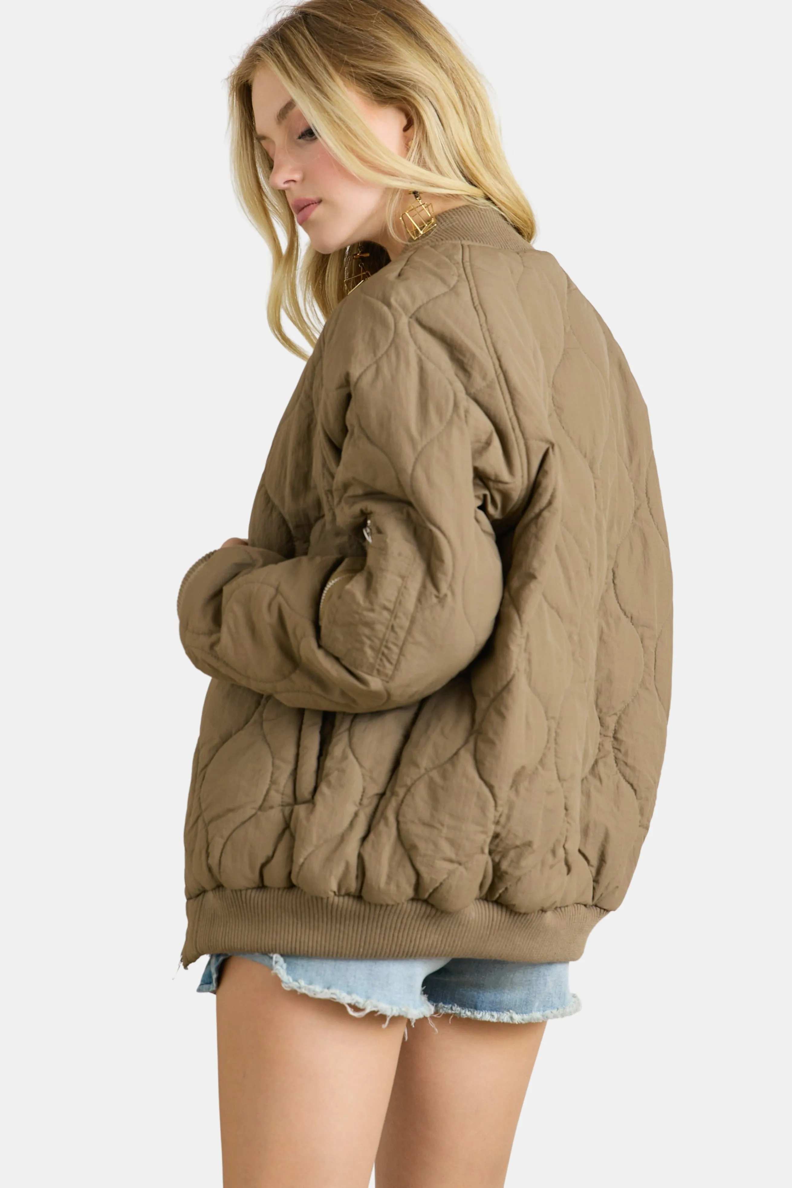 Quilted Utility Bomber Jacket Khaki Olive