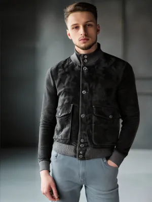 Ribbed Trim Suede Leather Bomber Jacket for Men