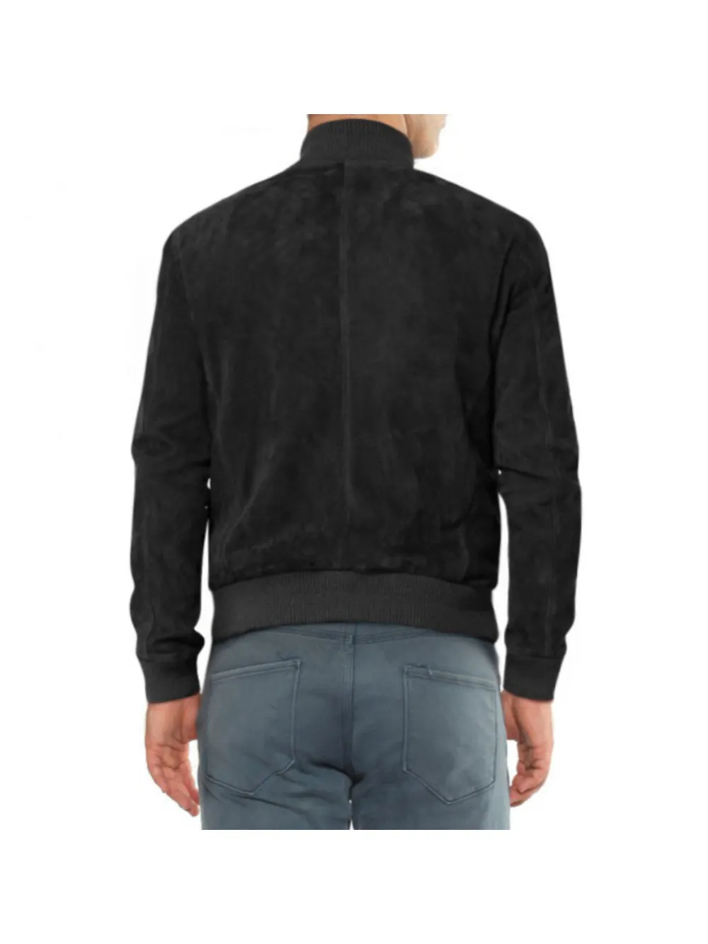 Ribbed Trim Suede Leather Bomber Jacket for Men