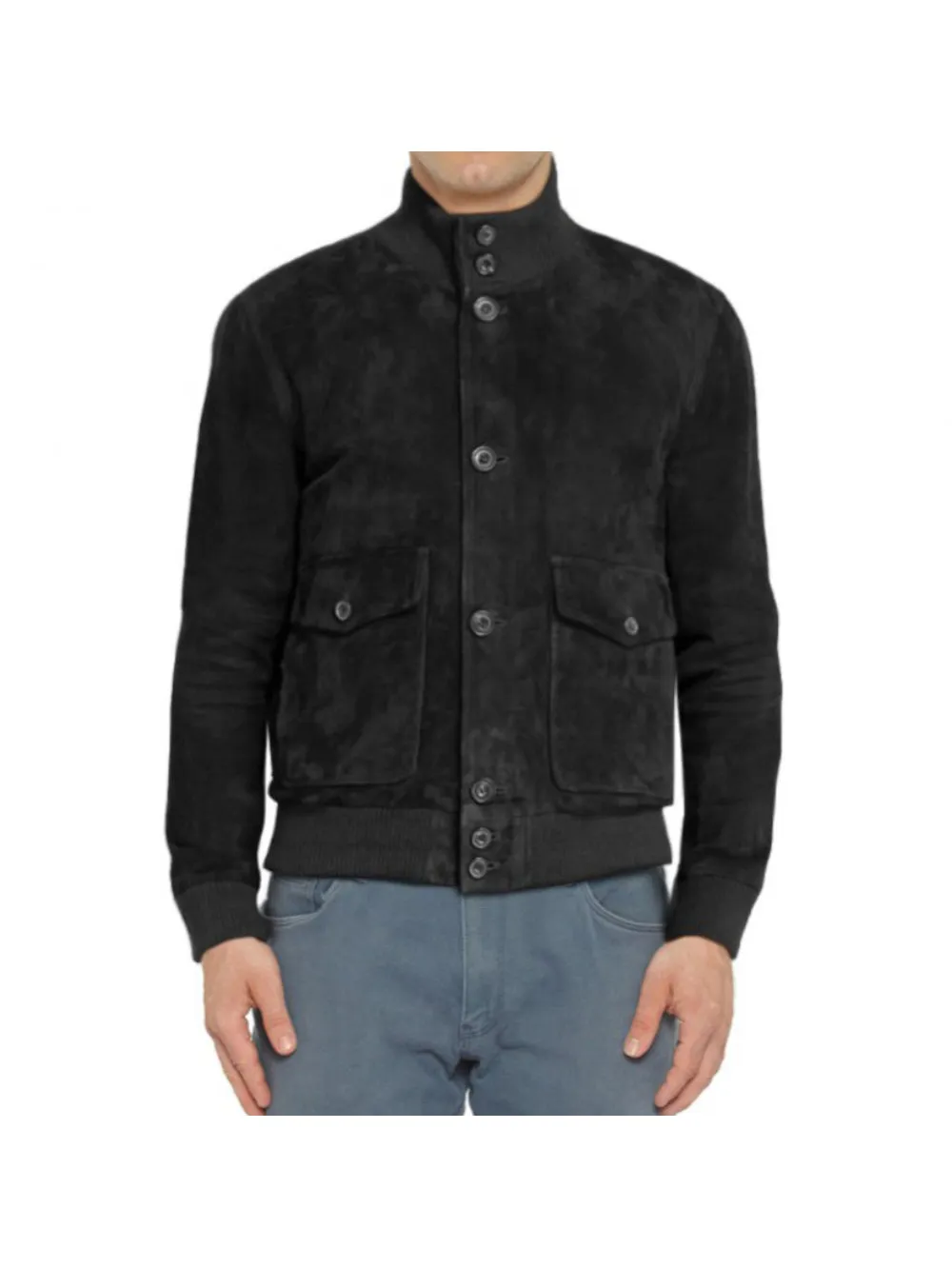 Ribbed Trim Suede Leather Bomber Jacket for Men