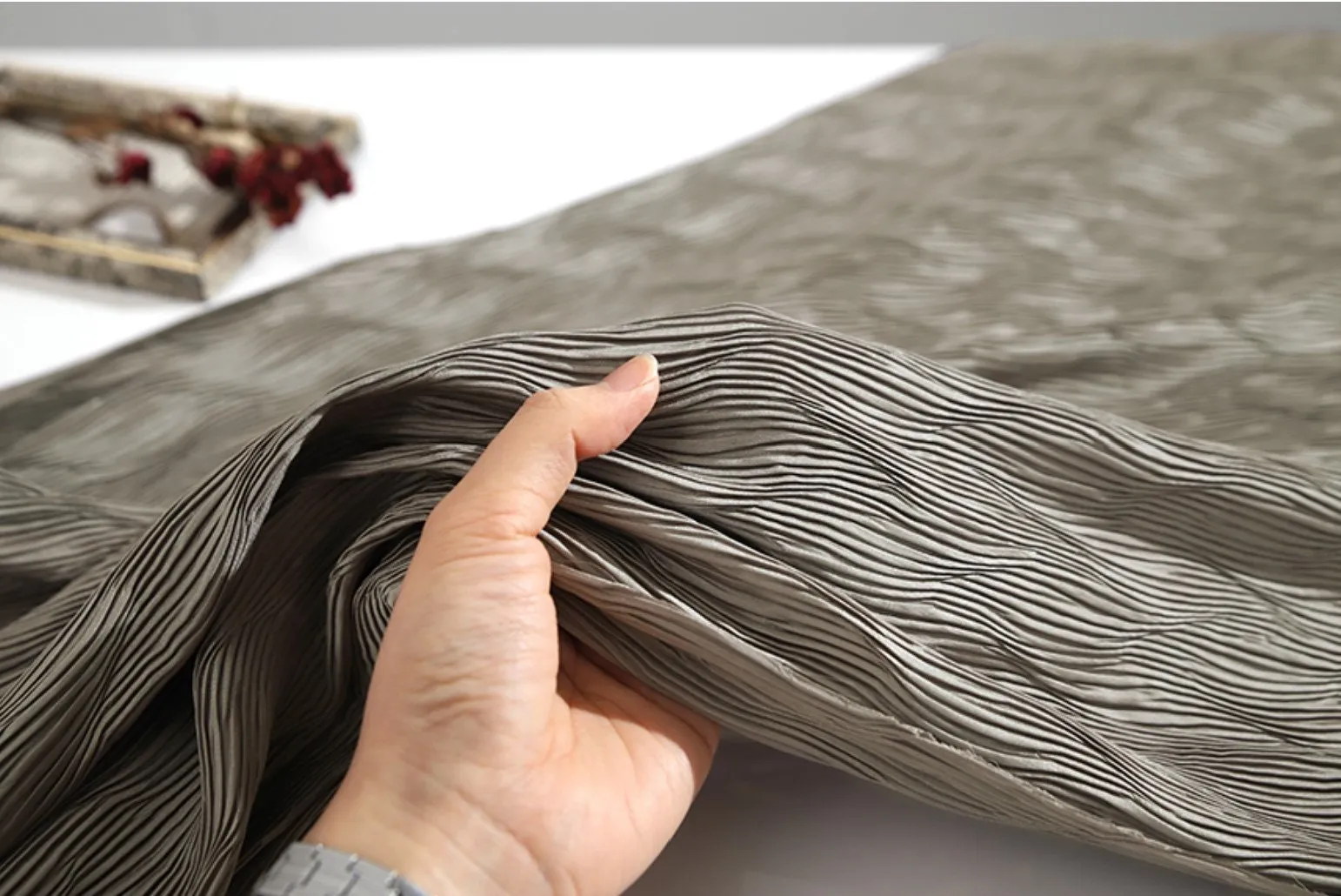 Ribbed Wave Pleated Polyester Wide Width Fabric - In Plain Grey - Quality Korean Fabric By the Yard / 53712GJ