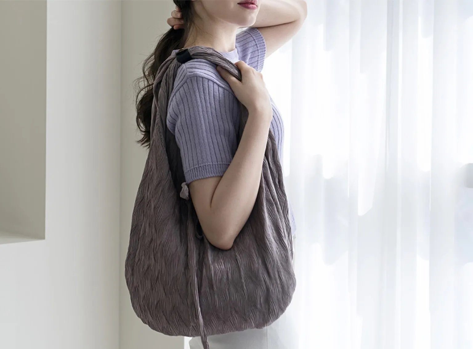 Ribbed Wave Pleated Polyester Wide Width Fabric - In Plain Grey - Quality Korean Fabric By the Yard / 53712GJ