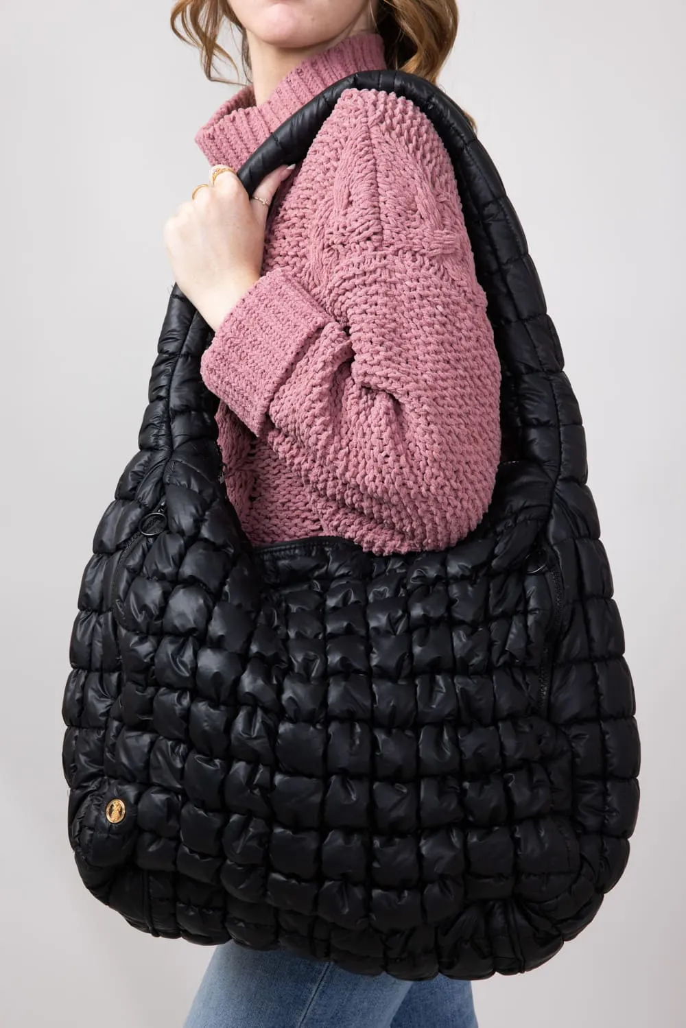 Simply Southern Quilted Puffer Hobo Bag for Women in Black | 0224-BAG-PUFF-HOBO-BLACK