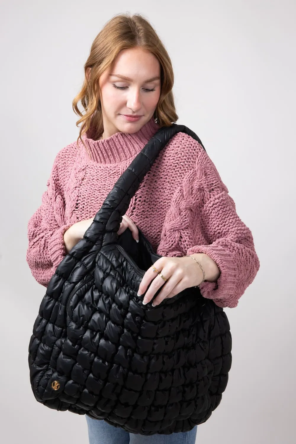 Simply Southern Quilted Puffer Hobo Bag for Women in Black | 0224-BAG-PUFF-HOBO-BLACK