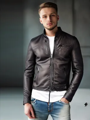 Snap Tab Leather Bomber Leather Jackets for Men