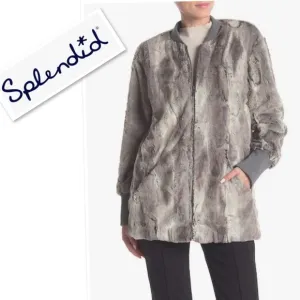 Splendid Gramercy Faux Fur Full Zip Bomber Jacket Pockets Mink Gray Look Sz XS