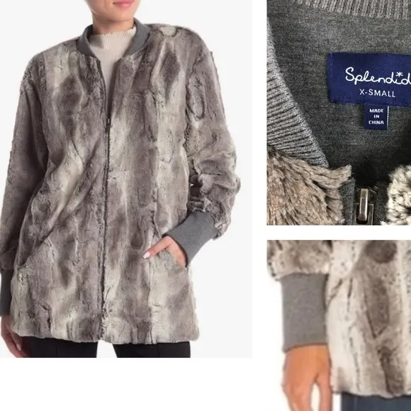 Splendid Gramercy Faux Fur Full Zip Bomber Jacket Pockets Mink Gray Look Sz XS