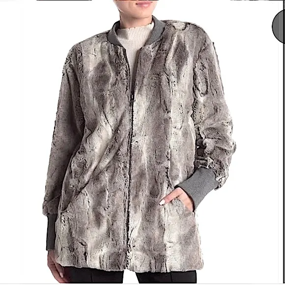 Splendid Gramercy Faux Fur Full Zip Bomber Jacket Pockets Mink Gray Look Sz XS