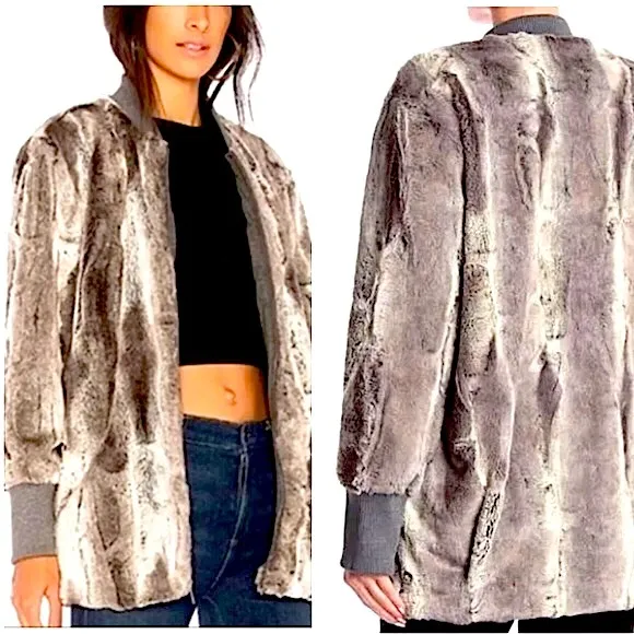 Splendid Gramercy Faux Fur Full Zip Bomber Jacket Pockets Mink Gray Look Sz XS