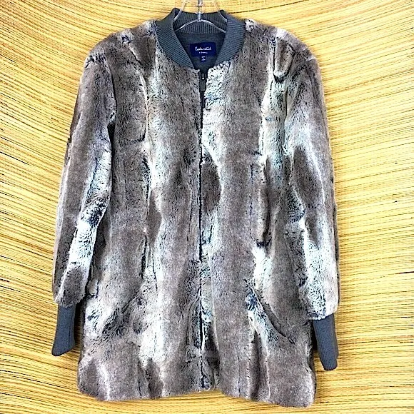 Splendid Gramercy Faux Fur Full Zip Bomber Jacket Pockets Mink Gray Look Sz XS